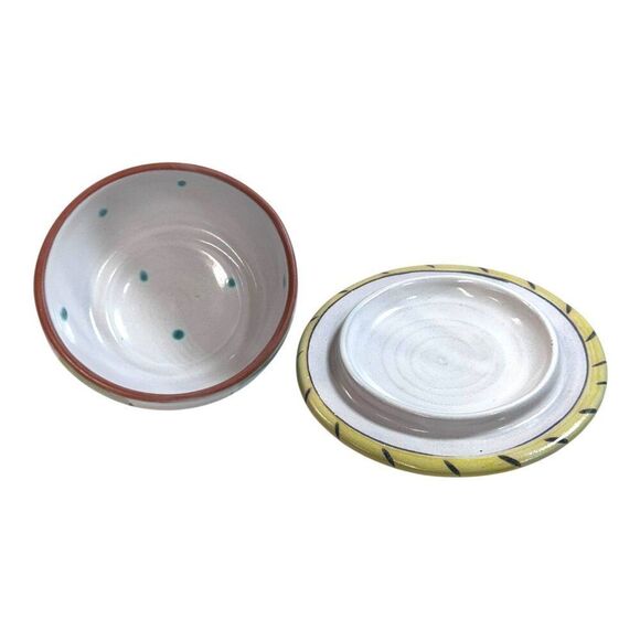 Hand-Painted Pottery Butter Dish Cheese Lid Pastel Design Signed By Artist 3.5" - Picture 2 of 7